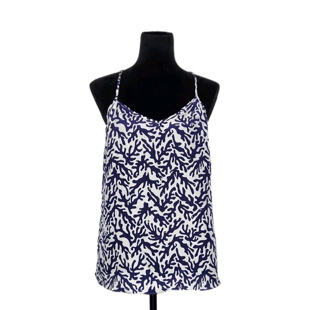 Lilly Pulitzer Silk Cami Top Size Large Blue White Coral Print Adjustable Strap